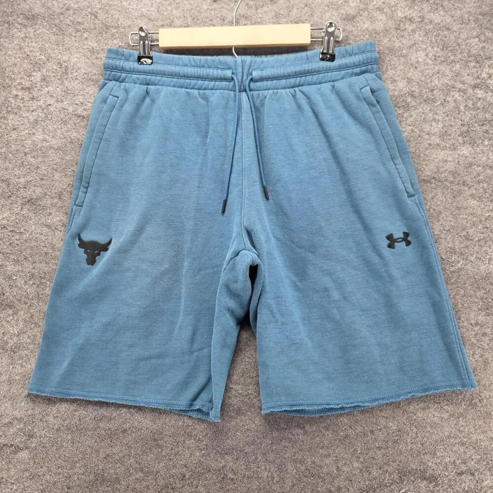 Under Armour Project Rock Sweat Shorts Mens L Blue Athletic 10 Inseam Fleece